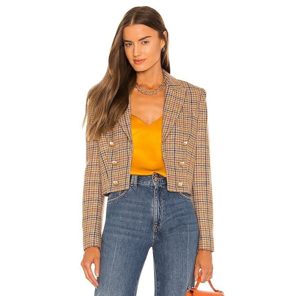 NWT Lagence L’agence Inez Cropped Blazer Multi Plaid Gold Button Jacket Size 2
